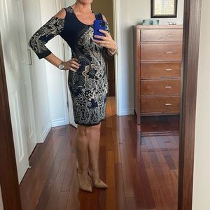 Venus shoulder cutout blue multi dress